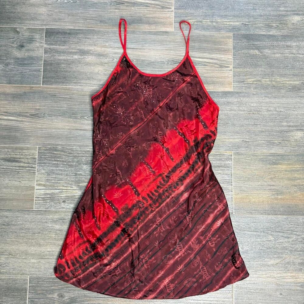Y2K slip Red burgundy mini dress black red abstract pattern